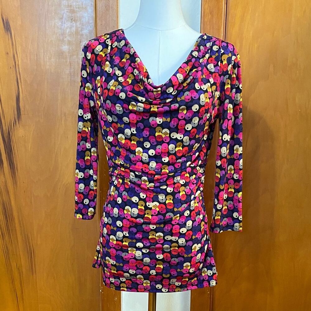 Vibrant Cowl Neck Long Top Blouse Bold Circle Patterns 3/4 Sleeve P2P 18”